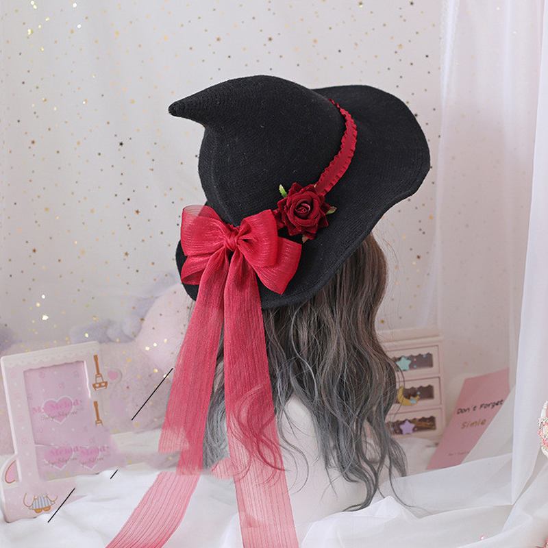 Lolita Retro Witch Hat Masquerade Rose Big Bow Wizard Hat Gothic Magical Girl Hat Cosplay Accessoarer Festdekor