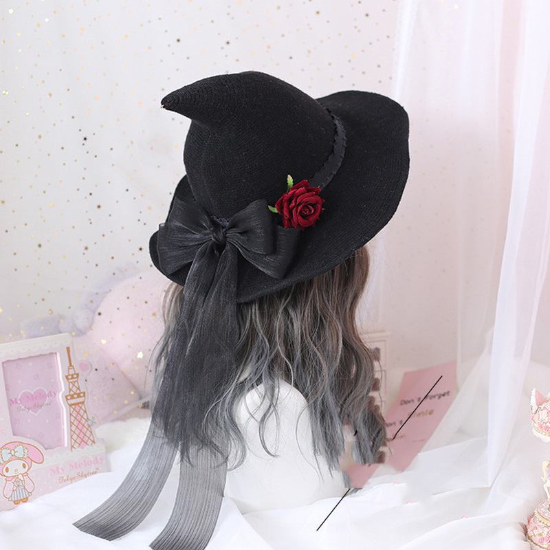 Lolita Retro Witch Hat Masquerade Rose Big Bow Wizard Hat Gothic Magical Girl Hat Cosplay Accessoarer Festdekor