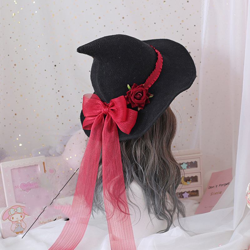 Lolita Retro Witch Hat Masquerade Rose Big Bow Wizard Hat Gothic Magical Girl Hat Cosplay Accessoarer Festdekor