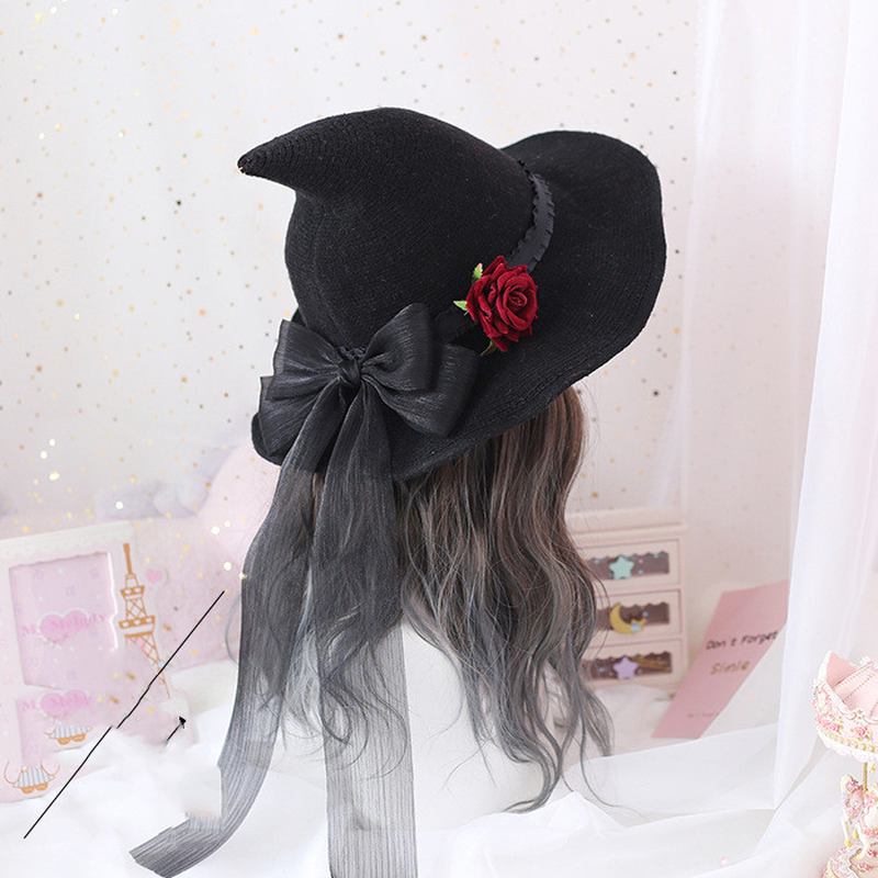 Lolita Retro Witch Hat Masquerade Rose Big Bow Wizard Hat Gothic Magical Girl Hat Cosplay Accessoarer Festdekor