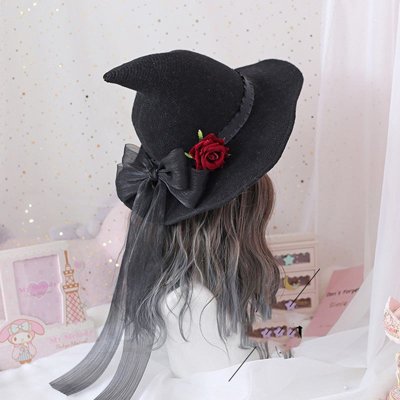 Lolita Retro Witch Hat Masquerade Rose Big Bow Wizard Hat Gothic Magical Girl Hat Cosplay Accessoarer Festdekor