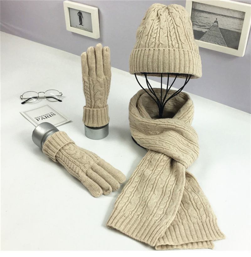 Mode Enfärgad Twist Warm Hat Scarf Handske Set