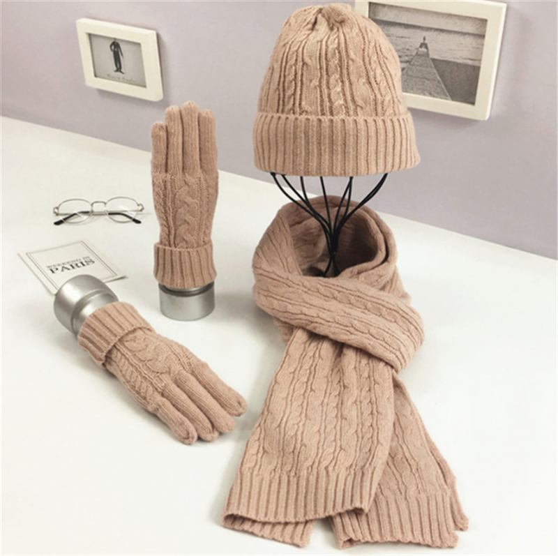 Mode Enfärgad Twist Warm Hat Scarf Handske Set