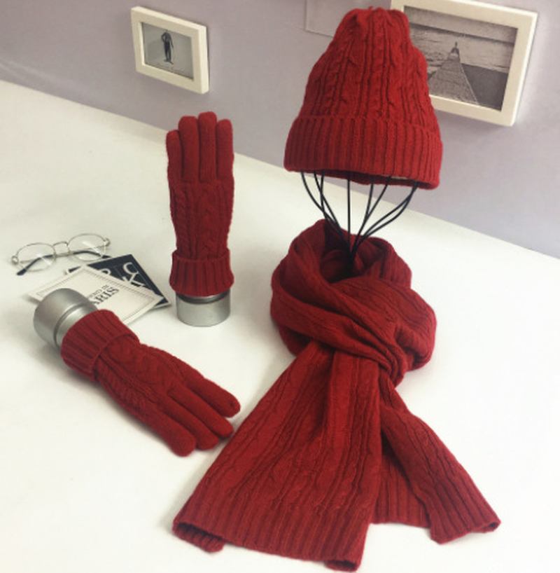 Mode Enfärgad Twist Warm Hat Scarf Handske Set