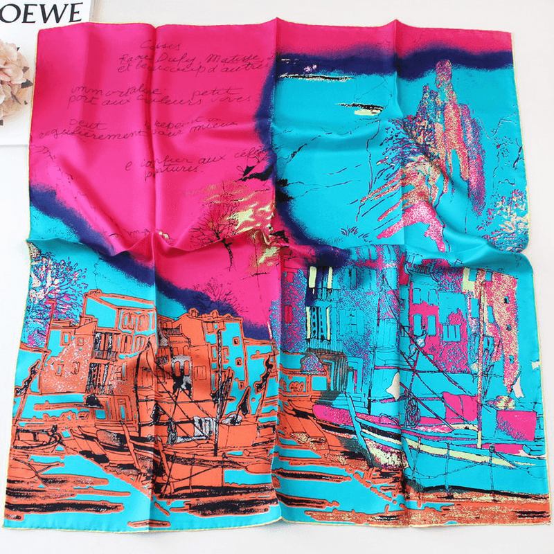 Riverside Town Elegant Silk Scarf Tjock Siden Stor Fyrkantig Scarf Dam Wild Scarf Silk