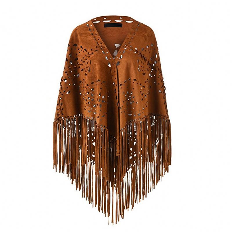 Stretch Mocka Fringed Sjal Cape All-match