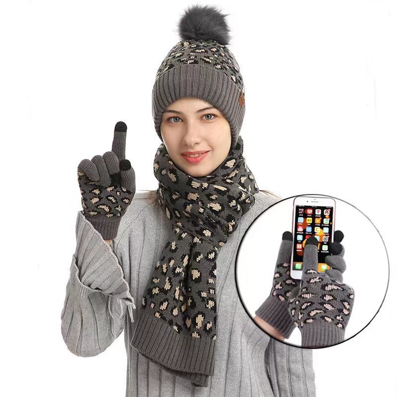 Vinter Leopardtryck Varm Stickad Ull Mössa Scarf Handskar Tre Delar Set