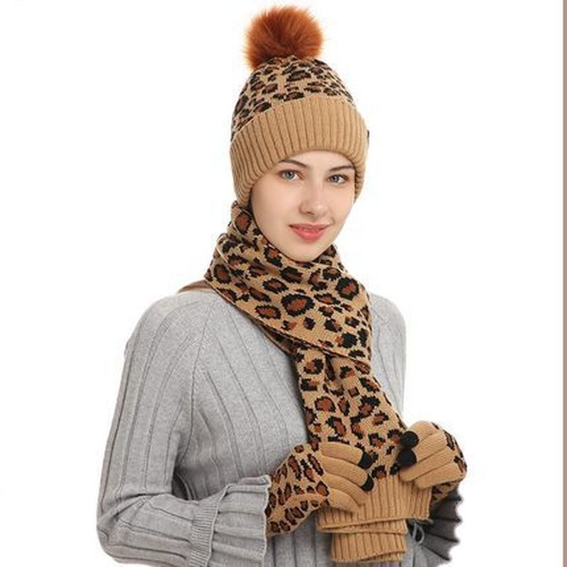 Vinter Leopardtryck Varm Stickad Ull Mössa Scarf Handskar Tre Delar Set