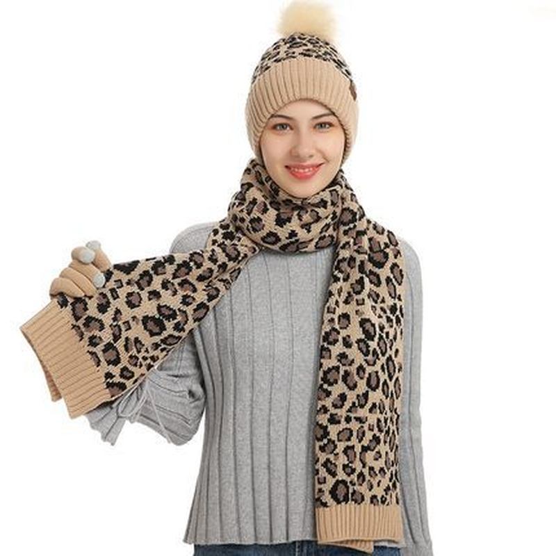 Vinter Leopardtryck Varm Stickad Ull Mössa Scarf Handskar Tre Delar Set