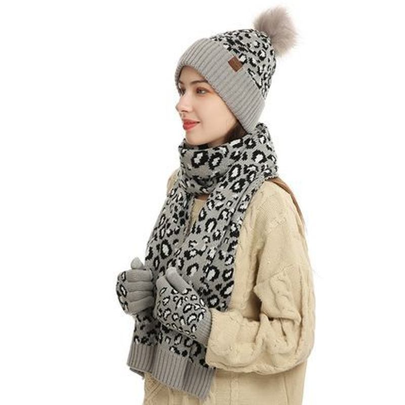 Vinter Leopardtryck Varm Stickad Ull Mössa Scarf Handskar Tre Delar Set