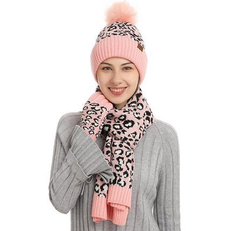 Vinter Leopardtryck Varm Stickad Ull Mössa Scarf Handskar Tre Delar Set