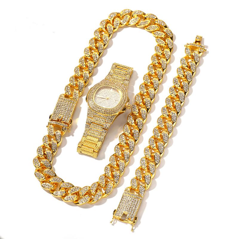 1/3 St Lyxiga Inlagda Strass Män Watch Set Hip Hop Chain Halsband Armband