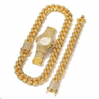 1/3 St Lyxiga Inlagda Strass Män Watch Set Hip Hop Chain Halsband Armband