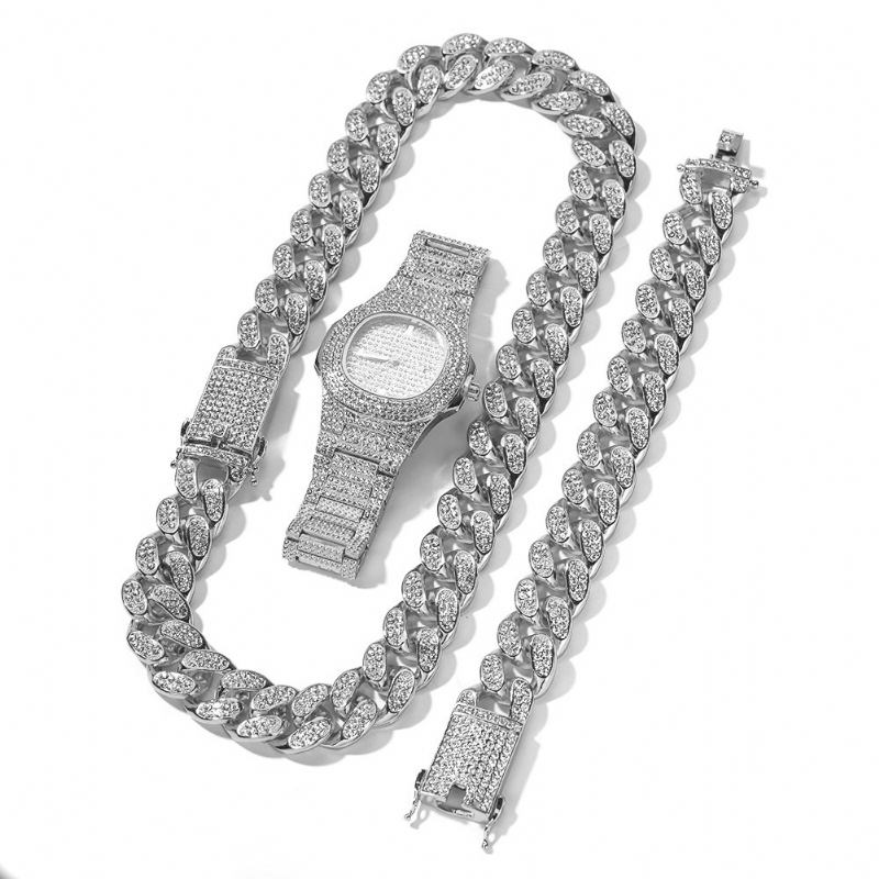 1/3 St Lyxiga Inlagda Strass Män Watch Set Hip Hop Chain Halsband Armband