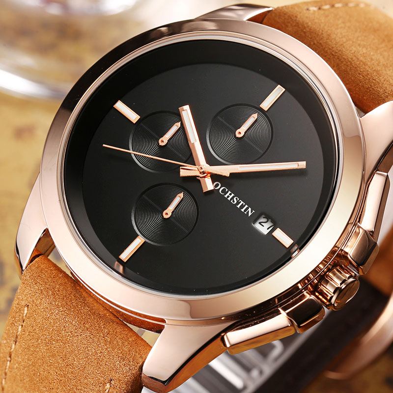 Äkta Läder Casual Style Herr Armbandsur Kalender Quartz Watch