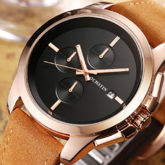 Äkta Läder Casual Style Herr Armbandsur Kalender Quartz Watch