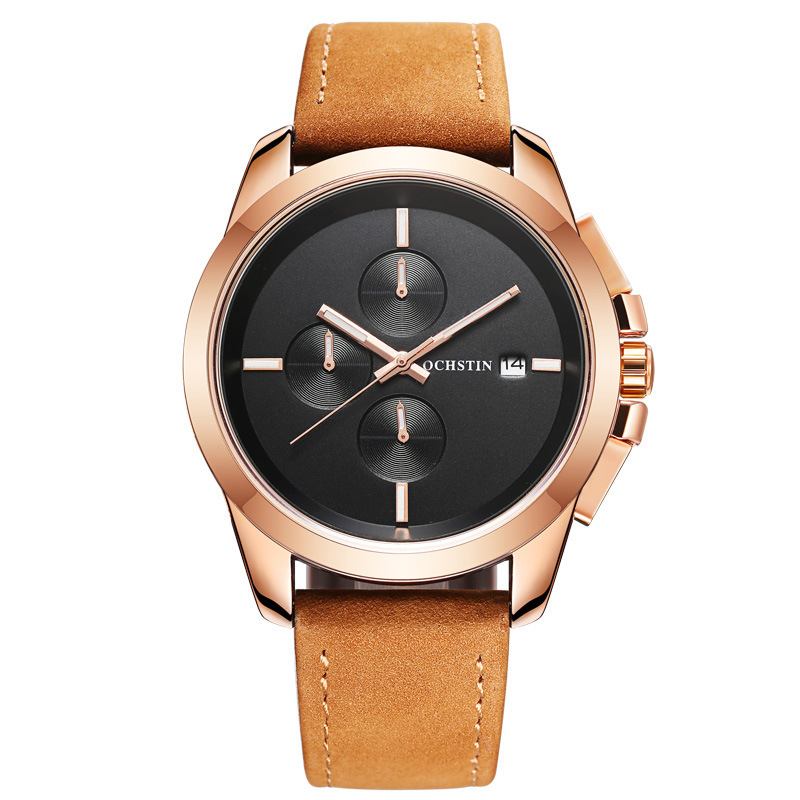 Äkta Läder Casual Style Herr Armbandsur Kalender Quartz Watch