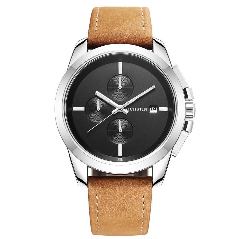 Äkta Läder Casual Style Herr Armbandsur Kalender Quartz Watch