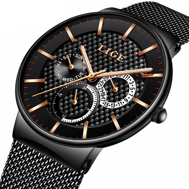 Business Casual Herrklocka Vattentät Lysande Datum Vecka Display Quartz Watch