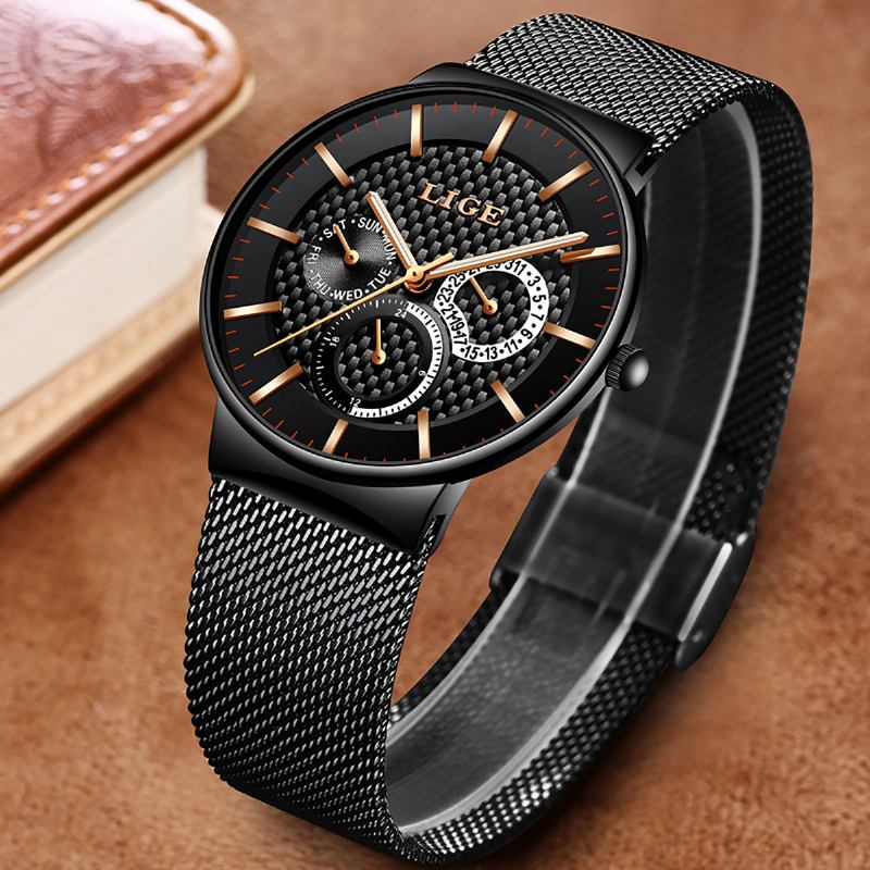 Business Casual Herrklocka Vattentät Lysande Datum Vecka Display Quartz Watch