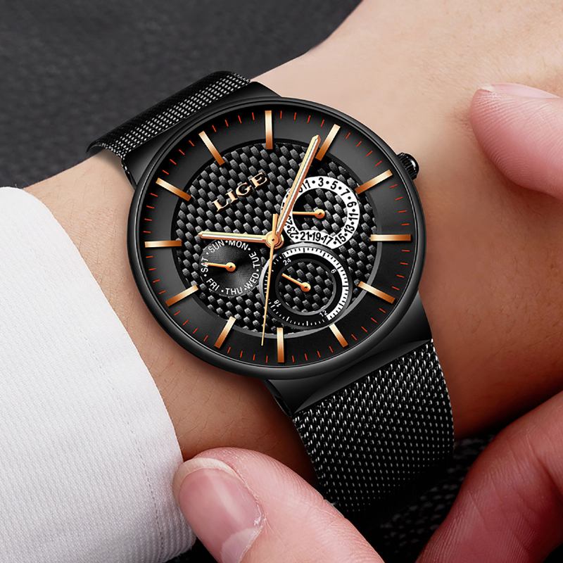 Business Casual Herrklocka Vattentät Lysande Datum Vecka Display Quartz Watch