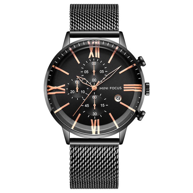 Business Chronograph Calendar Mesh Steel Quartz Watch Herrarmbandsur