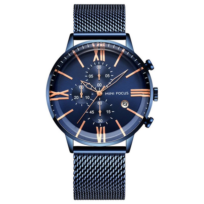 Business Chronograph Calendar Mesh Steel Quartz Watch Herrarmbandsur