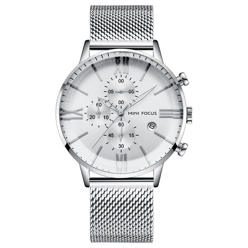 Business Chronograph Calendar Mesh Steel Quartz Watch Herrarmbandsur