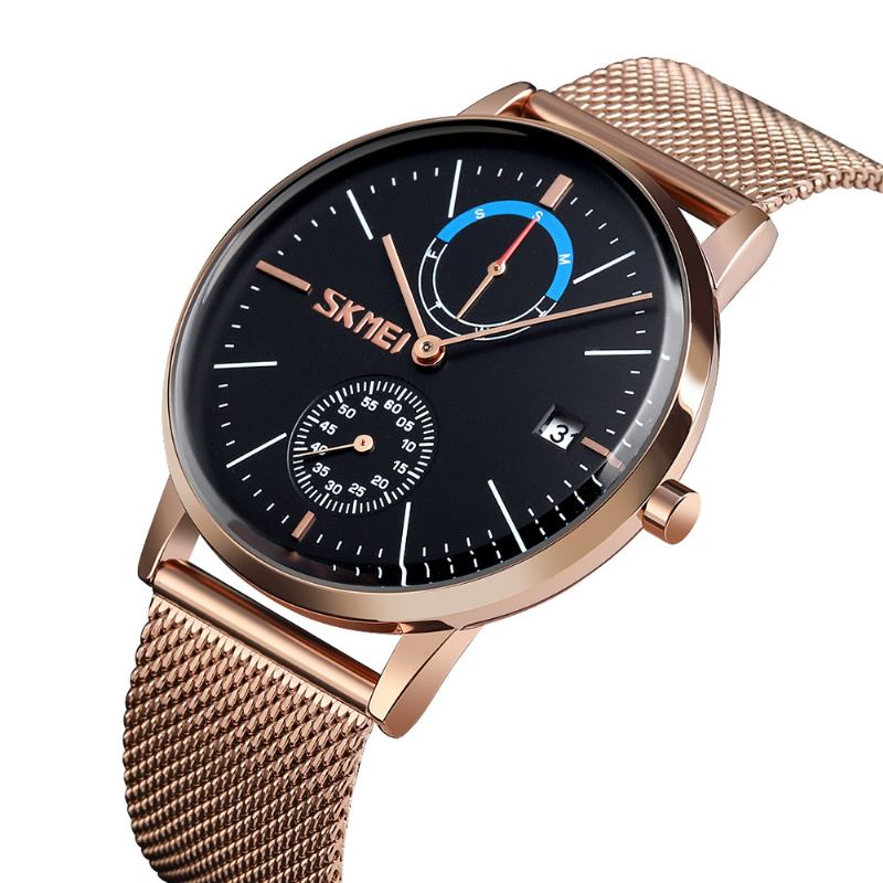 Business Style Circular Mirror Mesh Stålrem Vecka Datum Display Herrklocka Quartz Watch