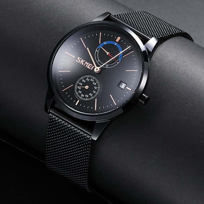 Business Style Circular Mirror Mesh Stålrem Vecka Datum Display Herrklocka Quartz Watch