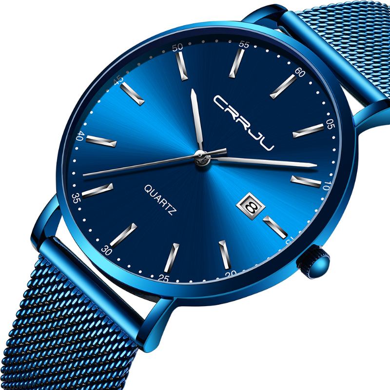 Business Style Date Display Luxury Blue Dial Full Steel Armband Herr Quartz Watch