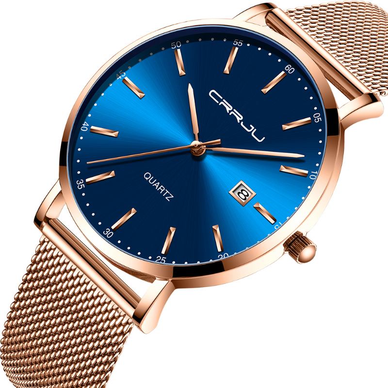 Business Style Date Display Luxury Blue Dial Full Steel Armband Herr Quartz Watch