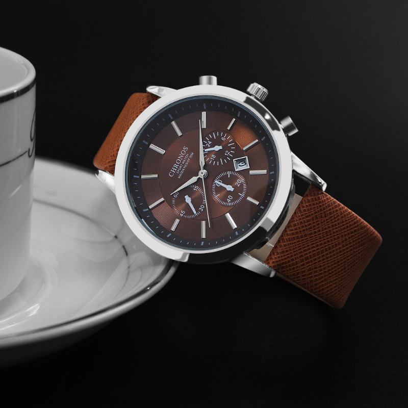 Casual Style Calendar Herr Armbandsur False Small Dials Läderrem Quartz Watch