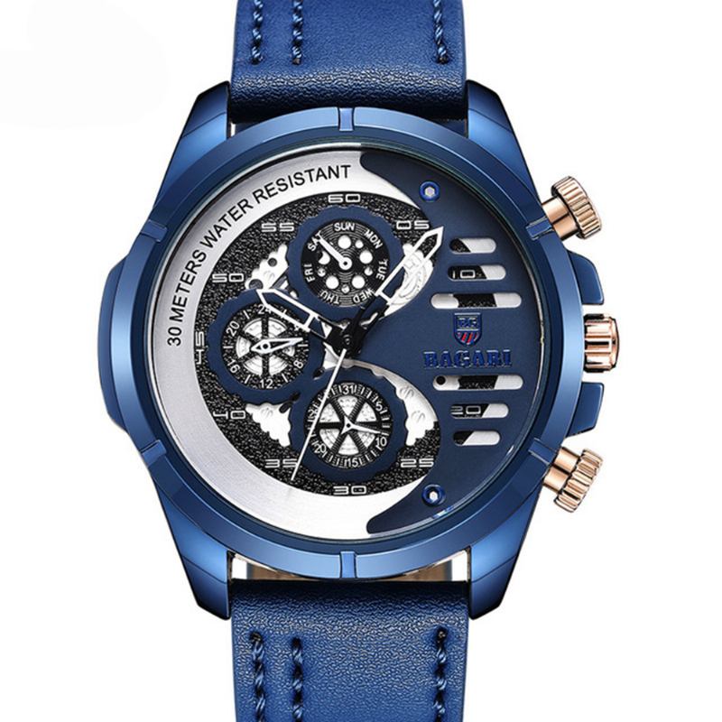 Casual Style Fake Three Dials Quartz Watch Läderrem Herrklockor