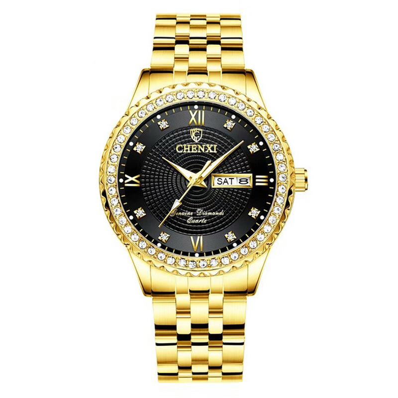 Casual Style Herr Armbandsur Guld Fall Full Steel Band Quartz Watch