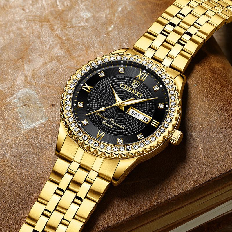 Casual Style Herr Armbandsur Guld Fall Full Steel Band Quartz Watch