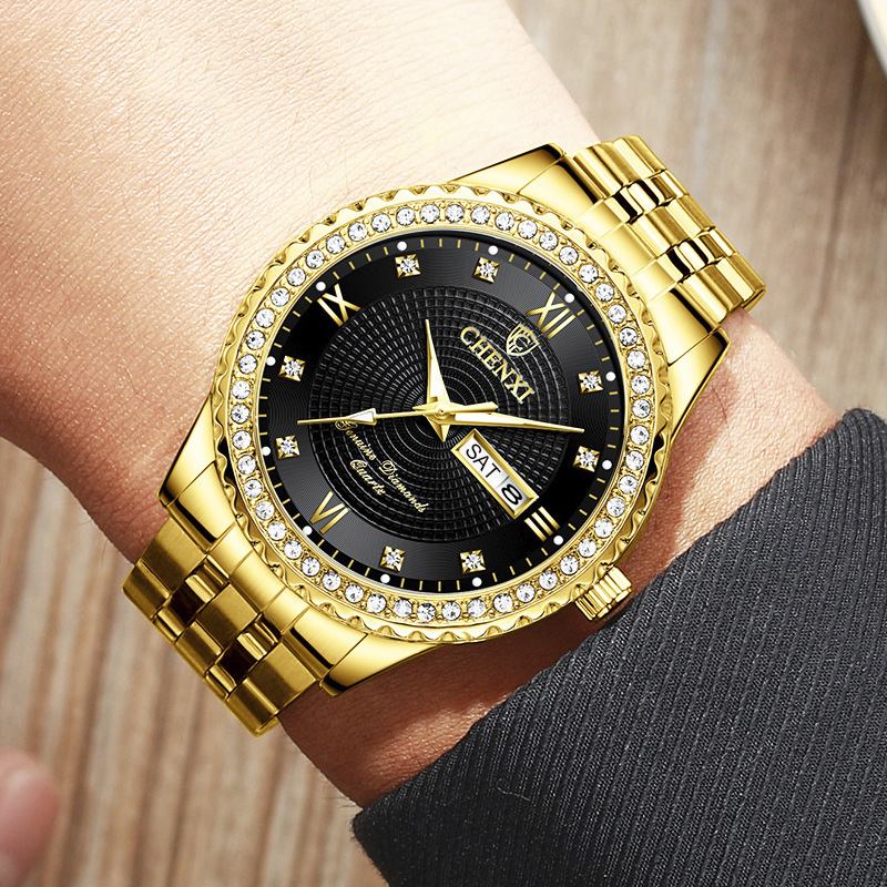 Casual Style Herr Armbandsur Guld Fall Full Steel Band Quartz Watch