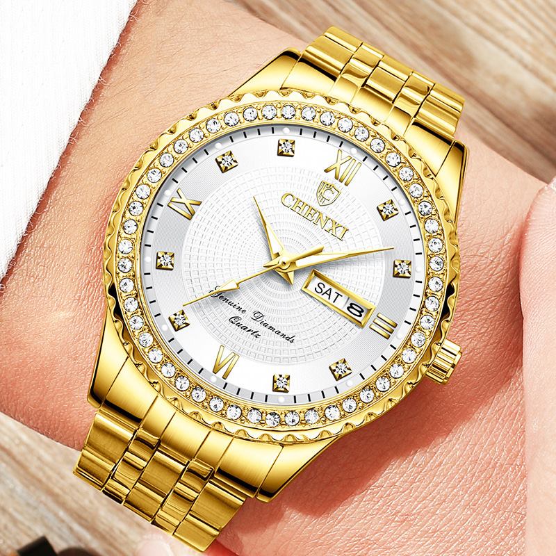 Casual Style Herr Armbandsur Guld Fall Full Steel Band Quartz Watch