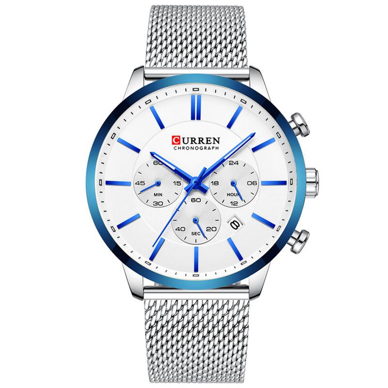 Chronograph Calendar Herr Armbandsur Mesh Steel Band Quartz Watch