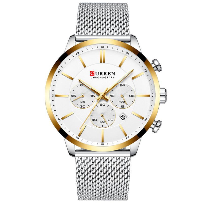 Chronograph Calendar Herr Armbandsur Mesh Steel Band Quartz Watch