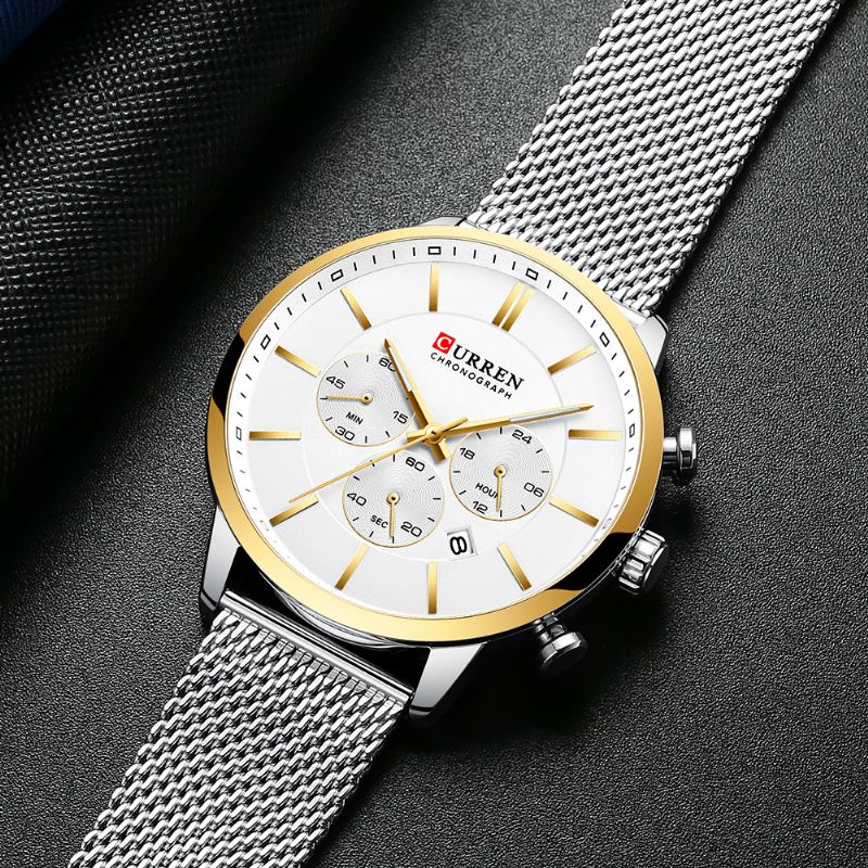 Chronograph Calendar Herr Armbandsur Mesh Steel Band Quartz Watch