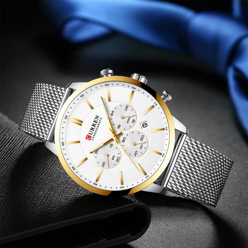 Chronograph Calendar Herr Armbandsur Mesh Steel Band Quartz Watch