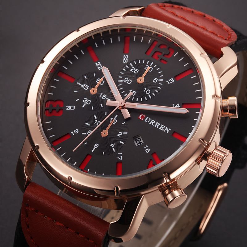 Datumvisning Casual Style Herr Armbandsur Läderrem Analog Quartz Watch