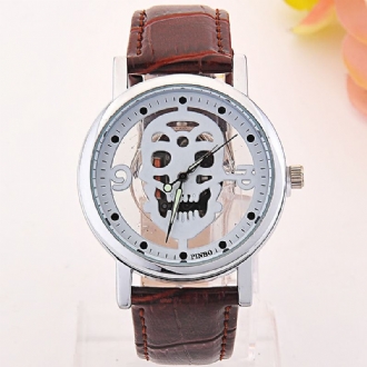 Hollow-out Skull Real Belt Quartz Watch Mode Dubbelsidig Vintage Herr Damklocka