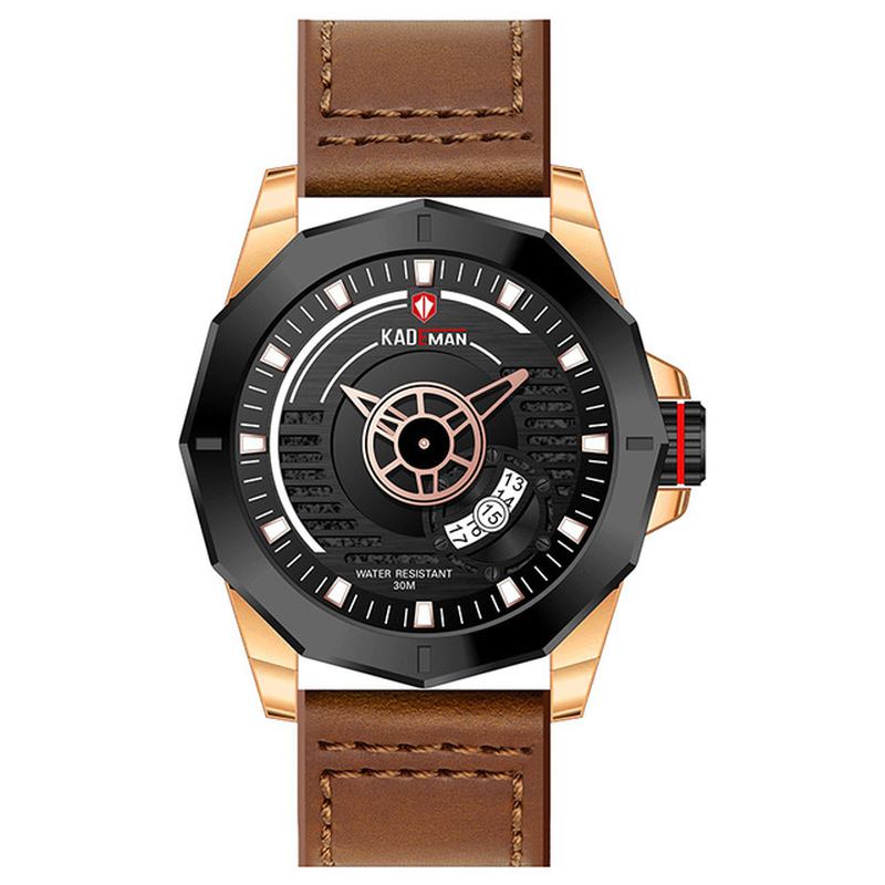 Kalender Läder Band Quartz Watch Vattentät Casual Style Herrklocka