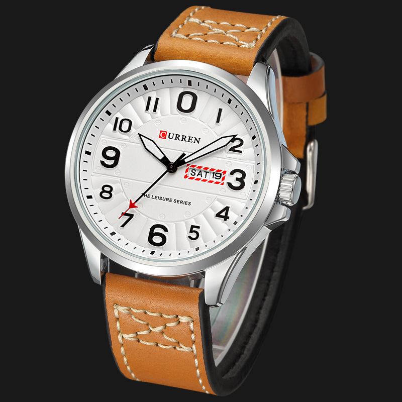 Kalender Lysande Display Läderband Quartz Watch Stålfodral Herrklocka