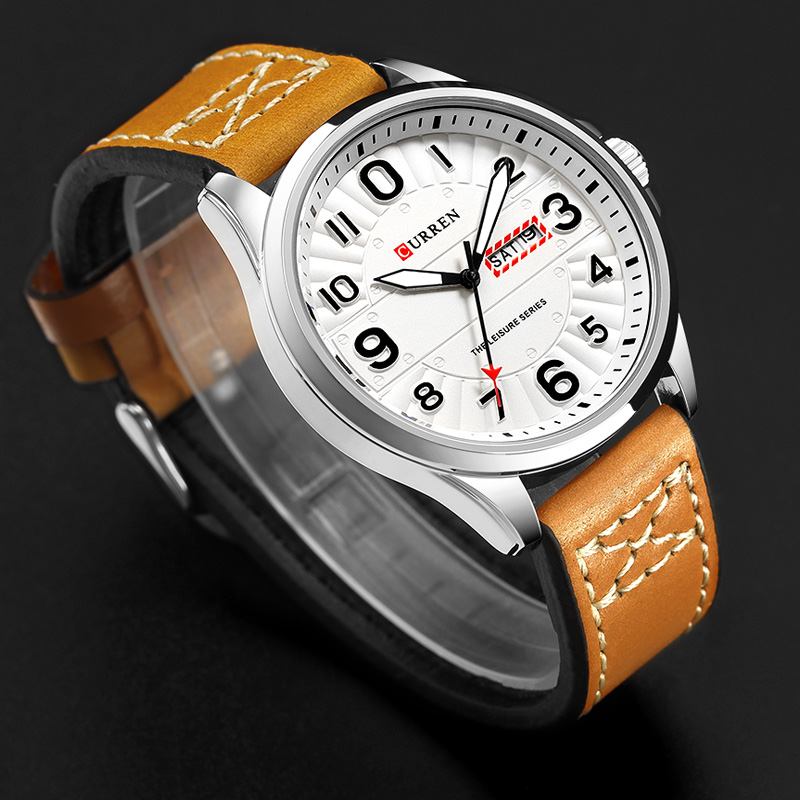 Kalender Lysande Display Läderband Quartz Watch Stålfodral Herrklocka