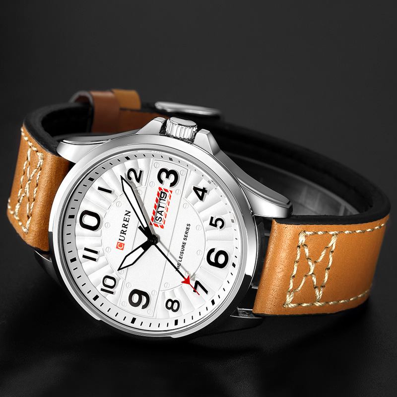 Kalender Lysande Display Läderband Quartz Watch Stålfodral Herrklocka