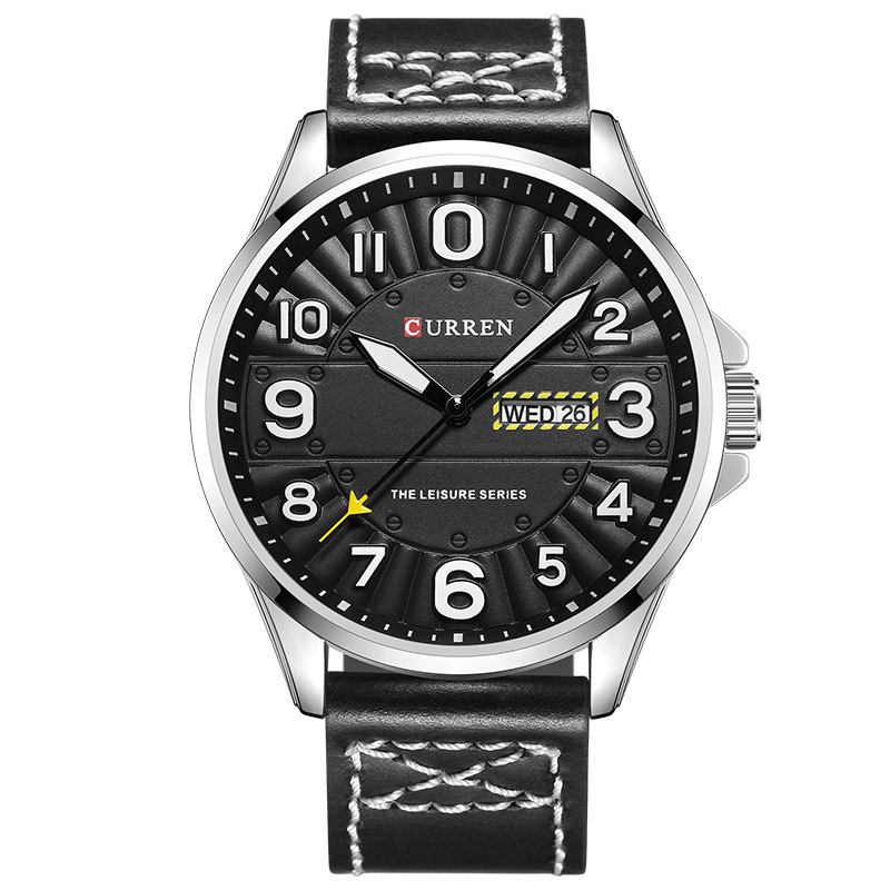 Kalender Lysande Display Läderband Quartz Watch Stålfodral Herrklocka