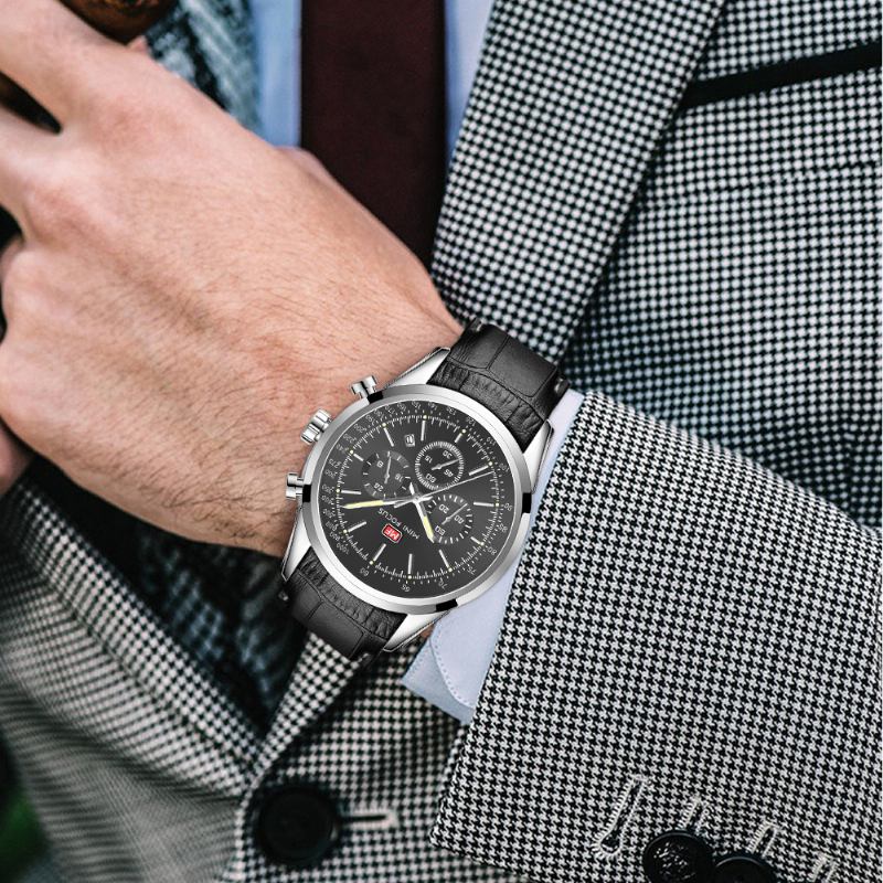 Läder Business Chronograph Calendar Vattentät Herrklocka Quartz Watch